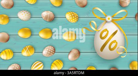 Golden Happy Easter Eggs percentuale Bow Wood Turquoise Header buon saldi di Pasqua con uova di pasqua dorate. Foto Stock