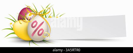 Striscione di carta uova di Pasqua nastro d'oro uova di pasqua colorate d'erba con erba, fiori e striscione di carta per i saldi di Pasqua. Foto Stock