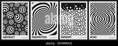 Un collage di sfondi diversi. Una moltitudine di sfere striate che volano nello spazio. Motivo bianco e nero con illusione ottica. Strisce psichedeliche Illustrazione Vettoriale