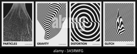 Modello di design della copertina. Array con particelle dinamiche. Illustrazione ottica di cerchi. Sfondo geometrico con strisce e schizzi di glitch. Vect 3D. Illustrazione Vettoriale
