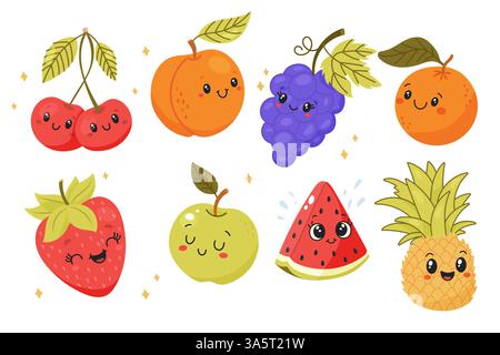 Simpatici personaggi di Cartoon Fruit Set Summer Fruit Clipart Illustrazione Vettoriale