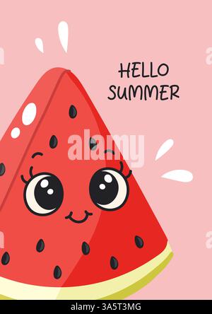 Graziosa fetta di anguria con il sorriso Kawaii Cartoon Face ciao estate Illustrazione Vettoriale