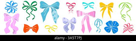 Cute Color Coquette Bow Knots isolati su bianco. Fiocchi gialli disegnati a mano lettere cancelleria. Icone romantiche e femminili alla moda per matrimoni, feste, decorazioni per feste, regali, regali. Illustrazione Vettoriale