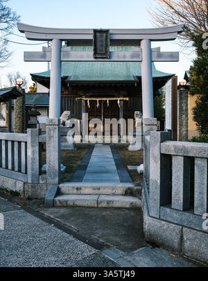 Una vista tranquilla di un piccolo santuario shintoista urbano a Kanazawa, Yokohama, Giappone. Un cancello torii in pietra, guardiani di cani leoni e corda shimenawa sono i benvenuti sul sito Foto Stock