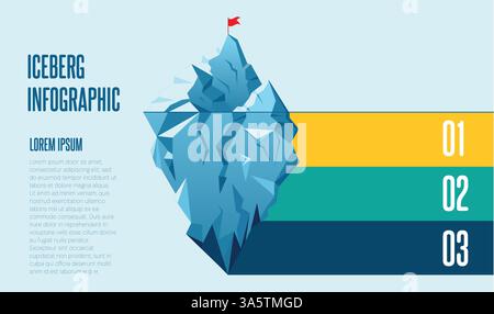 Modello di diapositiva di presentazione infografica iceberg con i passaggi utili per il pianificatore strategico di analisi aziendale grande iceberg blu in un mare calmo Illustrazione Vettoriale