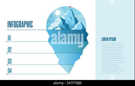 Modello di diapositiva di presentazione infografica iceberg con i passaggi utili per il pianificatore strategico di analisi aziendale grande iceberg blu in un mare calmo Illustrazione Vettoriale