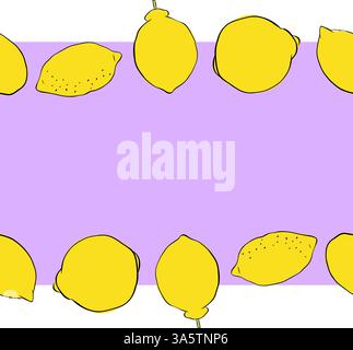 Limone frutti citrici interi cornice orizzontale senza cuciture. Illustrazione dell'inchiostro con linee grafiche vettoriali disegnate a mano. Banner giallo per menu, pacchetto, Illustrazione Vettoriale