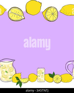 Limonata con limoni interi e fette, foglie verdi cornice orizzontale senza cuciture. Illustrazione di colore giallo con linee grafiche vettoriali. arte per foo Illustrazione Vettoriale