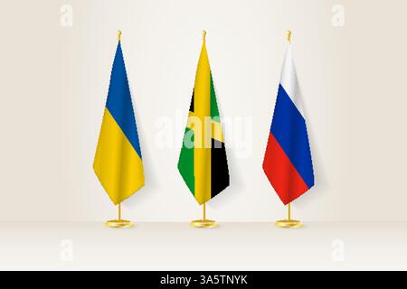 Rappresentanza diplomatica d'incontro, Ucraina, Giamaica e Russia Bandiere. Bandiere sulle tribune diplomatiche. Illustrazione vettoriale. Illustrazione Vettoriale