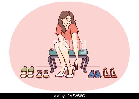 Una donna che ama fare shopping sta provando le scarpe in negozio scegliendo i tacchi alti giusti per andare alla festa. Ragazza visitatrice di boutique di moda con scarpe che ama lo shopping e vuole cambiare guardaroba Illustrazione Vettoriale