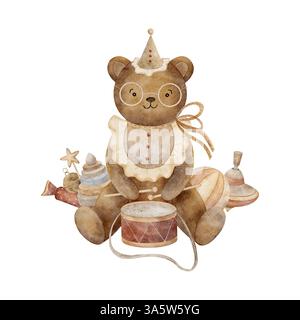 Teddy Bear si siede a suonare la batteria. Illustrazione per bambini con acquerello di giocattoli vintage disegnati a mano in stile cartoni animati su un isolato per il design di Foto Stock