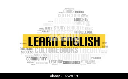 Impara il testo in inglese con Word cloud su sfondo bianco, concetto di studio linguistico, conoscenza, lettura e successo accademico Illustrazione Vettoriale