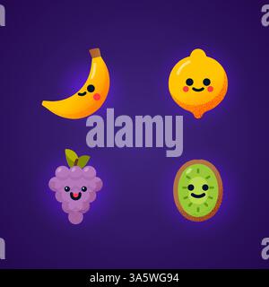 Simpatici personaggi di frutta sorridente, tra cui banana, limone, uva e kiwi su sfondo scuro Illustrazione Vettoriale