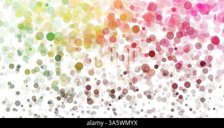 Sfondo astratto colorato con cerchi traslucidi sovrapposti in tonalità verde, giallo, arancione, rosa e rosso su sfondo bianco Illustrazione Vettoriale