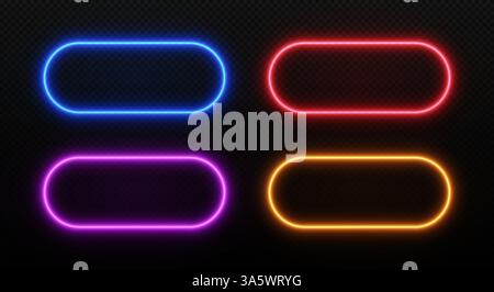 Luce della cornice al neon rettangolare. Bagliore del bordo arrotondato a LED. Set vettoriale di modelli laser isolati su sfondo scuro trasparente. Illustrazione Vettoriale