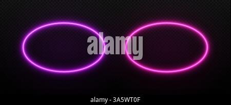 Telaio fluorescente al neon ovale. Luce del bordo ellittica con effetto laser. Modelli LED elettrici vettoriali per il testo. Illustrazione Vettoriale