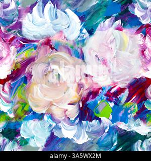 Motivo senza cuciture di fiori astratti, originale disegnato a mano, stile impressionista, texture cromatica, pennellate di pittura, sfondo artistico. Arte moderna. Foto Stock