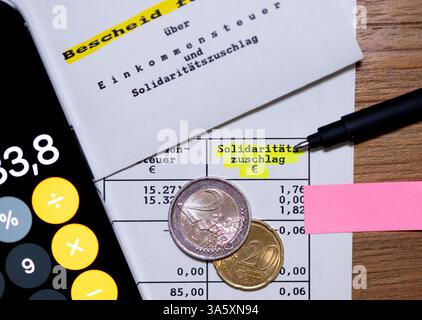 Monaco, Germania. 24 marzo 2025. La parola "supplemento di solidarietà” può essere vista accanto a una calcolatrice e a una penna su un avviso di valutazione fiscale. Il secondo Senato decide su una denuncia costituzionale di sei politici FDP contro il supplemento di solidarietà introdotto nel 1995, che era destinato a finanziare i costi della riunificazione in quel momento. Secondo i denuncianti, il continuo ricorso al supplemento di solidarietà dalla scadenza del cosiddetto patto di solidarietà II nel dicembre 2019 è incostituzionale. Crediti: Sven Hoppe/dpa/Alamy Live News Foto Stock