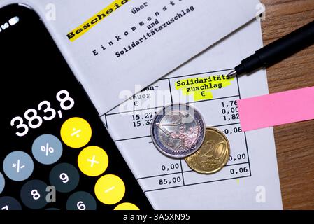 Monaco, Germania. 24 marzo 2025. La parola "supplemento di solidarietà” può essere vista accanto a una calcolatrice e a una penna su un avviso di valutazione fiscale. Il secondo Senato decide su una denuncia costituzionale di sei politici FDP contro il supplemento di solidarietà introdotto nel 1995, che era destinato a finanziare i costi della riunificazione in quel momento. Secondo i denuncianti, il continuo ricorso al supplemento di solidarietà dalla scadenza del cosiddetto patto di solidarietà II nel dicembre 2019 è incostituzionale. Crediti: Sven Hoppe/dpa/Alamy Live News Foto Stock
