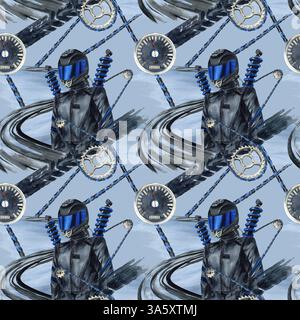 Motociclista, ammortizzatori, catena e tachimetro. Tracce astratte di strada e pneumatici. Motivo senza cuciture. Linee della catena. Illustrazione blu acquerello Foto Stock