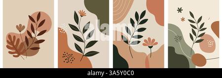 Set di poster vettoriali Art Wall Botanical. Fogliame minimalista con forma semplice astratta. Illustrazione Vettoriale