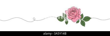 Rosa con mazzo di foglie una linea d'arte. Disegno continuo del fiore di rosa. Rosa disegnata a mano Illustrazione Vettoriale