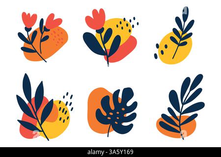 Set vettoriale botanico. Linea fogliame con forma astratta, arte minimalista e naturale. Illustrazione vettoriale Illustrazione Vettoriale