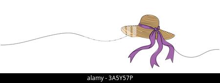 una linea continua di cappello da donna. una linea di cappello con nastro. illustrazione vettoriale a linea singola. sfondo bianco isolato. Illustrazione Vettoriale