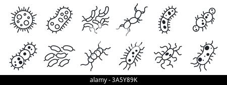 Batteri, microbi, virus contorno vettoriale set di icone. Prelievo microscopico di batteri e bacillo, isolato su sfondo bianco. Illustrazione Vettoriale