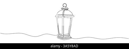 Disegno continuo di una linea di Lanterna. Raffigurazione di un'illuminazione con un design semplice in vetro e impugnatura. Illustrazione vettoriale Illustrazione Vettoriale