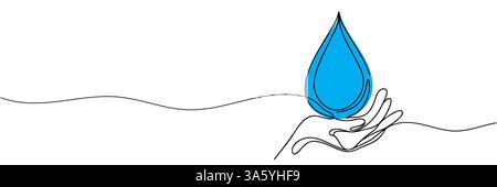 Disegno continuo di una linea di mano umana che tiene una goccia d'acqua. Goccia di liquido blu nel braccio disegnato con una sola linea Illustrazione Vettoriale