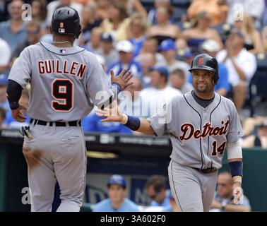 23 luglio 2008 - Placido Polanco dei Detroit Tigers (14) e Carlos Guillen (9) si congratulano a vicenda dopo aver segnato entrambi su un singolo dal compagno di squadra Miguel Cabrera nel terzo inning contro i Kansas City Royals al Kauffman Stadium di Kansas City, Missouri, mercoledì 23 luglio 2008. (John Sleezer/Kansas City Star/MCT) (immagine di credito: © John Sleezer/MCT/ZUMAPRESS.com) Foto Stock