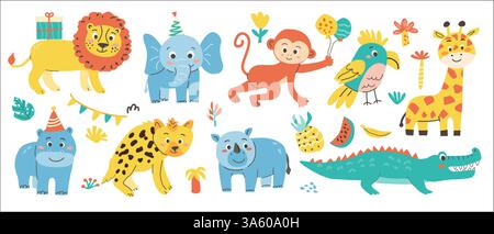 Colorata scena animata con animali della giungla e palloncini. Illustrazione Vettoriale