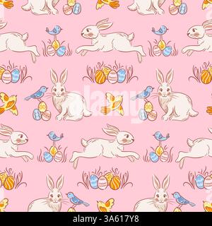 Questo motivo senza cuciture mette in risalto i giocosi coniglietti di Pasqua, gli uccelli allegri e le uova dal design complesso, tutti raffigurati in un delizioso stile di schizzo Illustrazione Vettoriale