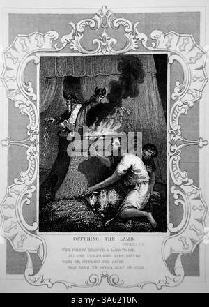 Israeliti che portano un'offerta di pace al Sommo sacerdote - offerta dell'incisione in acciaio dell'Agnello Levitico di Alexander Fletcher, circa 1860 Foto Stock