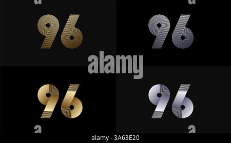 Linee a strisce Number Design in Luxury Gold 96th, 96th Years Anniversary con linea metallica Oro, lusso, linea e forma. Illustrazione Vettoriale