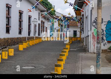 Una strada in mattoni nel centro storico di Cali, Colombia, con edifici dall'architettura tradizionale. Foto Stock