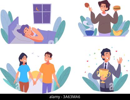 Bisogni umani. Illustrazioni concettuali del bisogno di base per le persone esatta psicologia vettoriale illustrazioni persone rilassarsi danza amore lavoro mangiare Illustrazione Vettoriale
