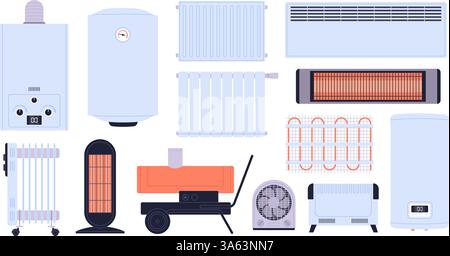 Elementi dell'impianto di riscaldamento. Ventola di riscaldamento, condizionatore d'aria calda, caldaie e radiatori. Radiatore elettrico, isolamento di diversi apparecchi piatti per la casa, il divertimento Illustrazione Vettoriale