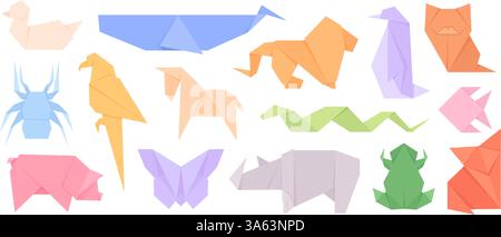 Set di origami artistici giapponesi. Animali pieghevoli di carta, colorati animali astratti della foresta selvatica e uccelli. Personaggi subacquei e rettili, vettore di razzia Illustrazione Vettoriale