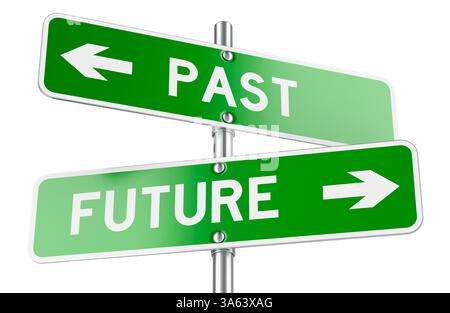 Passato o futuro, concetto. Segnaletica stradale opposta, rendering 3D isolato su sfondo bianco Foto Stock
