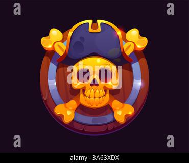 Capitano araldico del pirata cranio dorato con ossa incrociate. Emblema nautico vettoriale cartoni animati con Jolly Roger dorato e traverse con cappello in tricorno blu navy, rappresenta l'avventura e la pirateria in alto mare Illustrazione Vettoriale