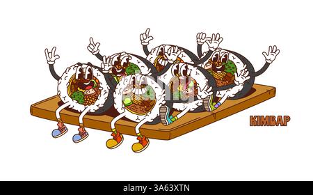 I personaggi dei cartoni animati della cucina coreana sono i panini kimbap con facce divertenti e cibo vettoriale. Gimbap o kimbap rotola personaggi felici sorridenti sulla tavola da servizio, personaggi dei cartoni animati per piatti coreani o asiatici Illustrazione Vettoriale