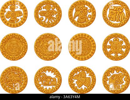 Ornamento dorato Maya. Icone dell'interfaccia utente del gioco delle monete d'oro Maya, medaglione tribale indiano azteco inca, tesoro aborigeno con cornice rotonda etnica, illustrazione vettoriale originale Illustrazione Vettoriale