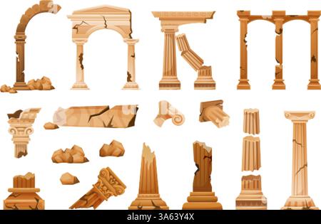 I pilastri rovinano. Antiche colonne greche o romane, colonne di pietra rotte medievali dall'antichità, antico tempio greco, architettura barocca, rovine storiche, stravaganti disegni vettoriali, opere d'arte originali Illustrazione Vettoriale