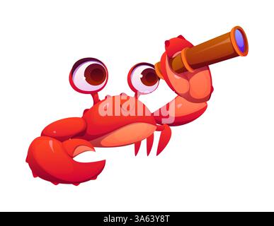 Il pirata del granchio dei cartoni animati e il capitano del mare corsaro che guarda in vetro spia. Il temibile personaggio sottomarino di artropodi isolato, con un bicchiere tra i suoi artigli, pronto per l'avventura in alto mare Illustrazione Vettoriale