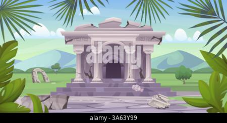 Un tempio romano rovinato. Antiche rovine di edifici con colonne architettoniche dell'impero romano, antico monumento greco atene grecia, archeologia, museo storico, illustrazione vettoriale, opere d'arte originali Illustrazione Vettoriale