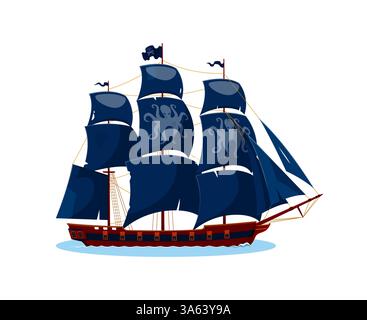 Nave pirata con vele nere adornate con mostro di polpo kraken. Cartoon vettore nave brigantina corsara nautica che evoca temi di avventura, esplorazione, storia marittima, pirateria, storie di fantasia Illustrazione Vettoriale