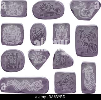 Simboli di pietra Maya. Rocce maya inca azteche con runa pagana rituale, segni tribali dell'antica civiltà risorse di gioco cartoni animati dell'interfaccia utente set di elementi culturali messicani, illustrazioni vettoriali originali Illustrazione Vettoriale