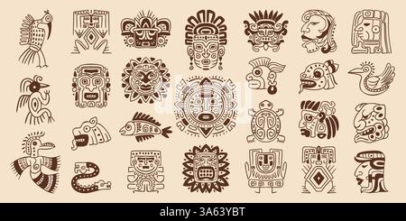 Simboli dei totem Maya. Civiltà Maya, indigeni indigeni indigeni inca aztechi ornati antico simbolo di arte etnica messicana o nativa americana indiana, tatuaggio, illustrazione vettoriale, opere d'arte originali Illustrazione Vettoriale